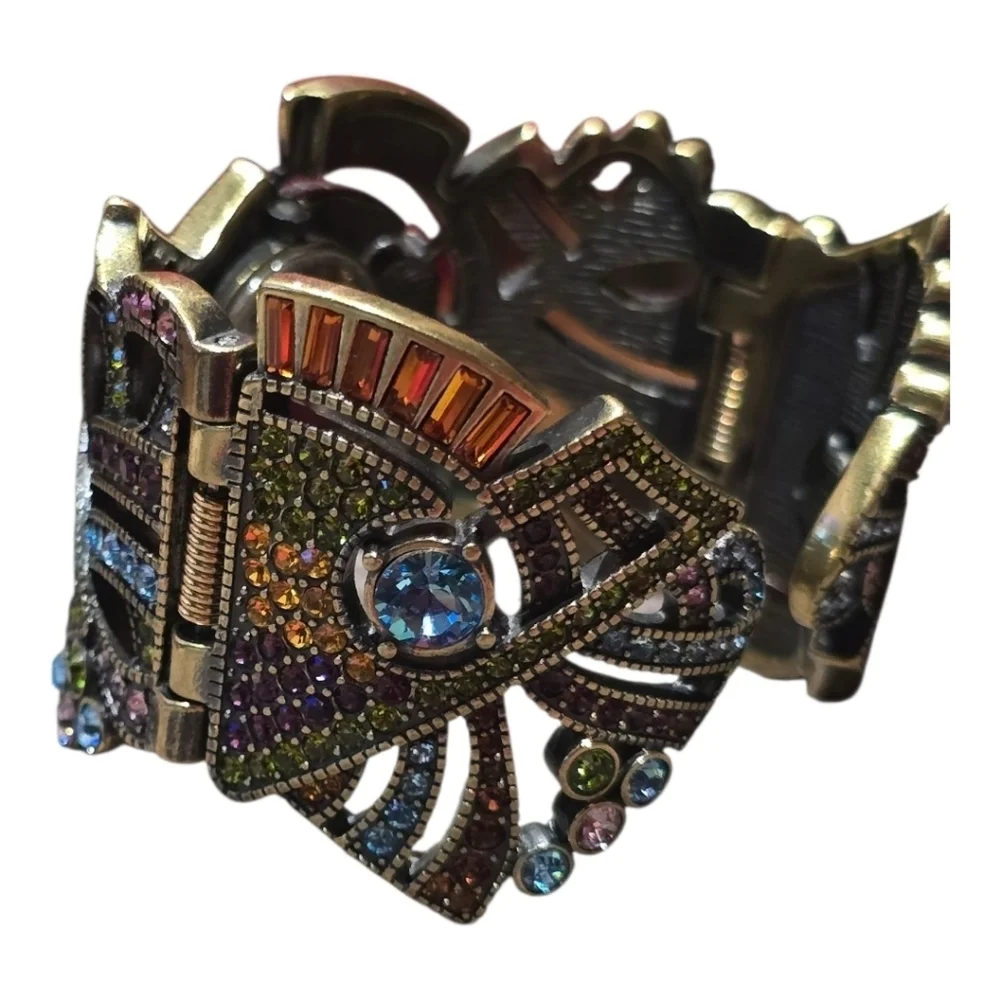 Heidi Daus Art Deco Swarovski Crystal Golden Bronze Cuff Bracelet Watch - Picture 9 of 10